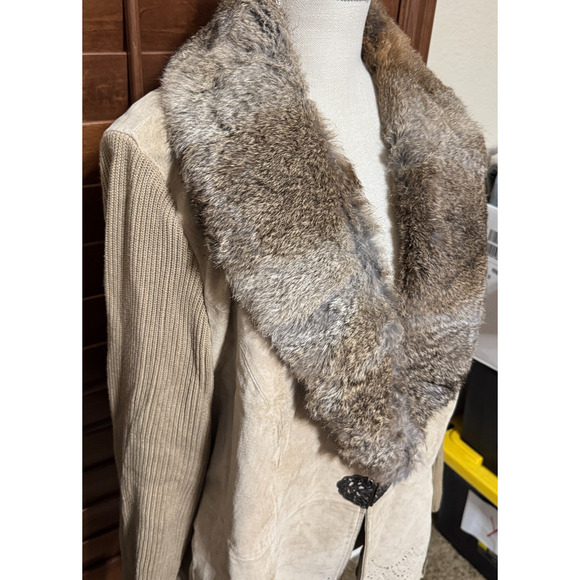 NYGARD Jacket Womens 2X Beige Suede Rabbit Fur Collar Knit Body Western Boho - Picture 2 of 10